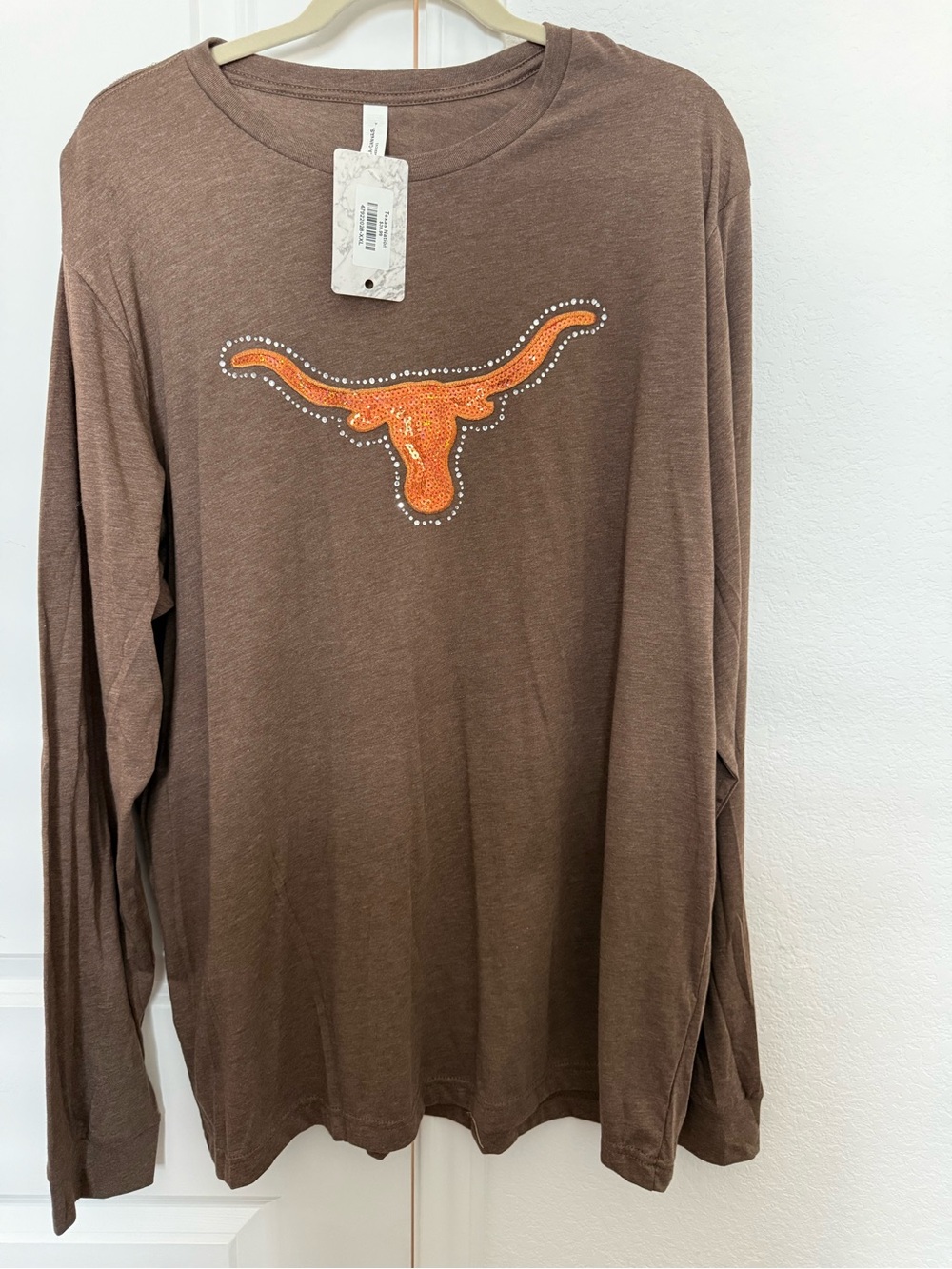 Brown Long Sleeve with Orange Longhorn Sequin Rhinestone Graphic NWT